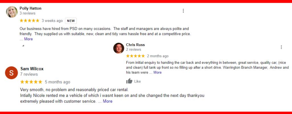 5* reviews of our car hire services in Warrington